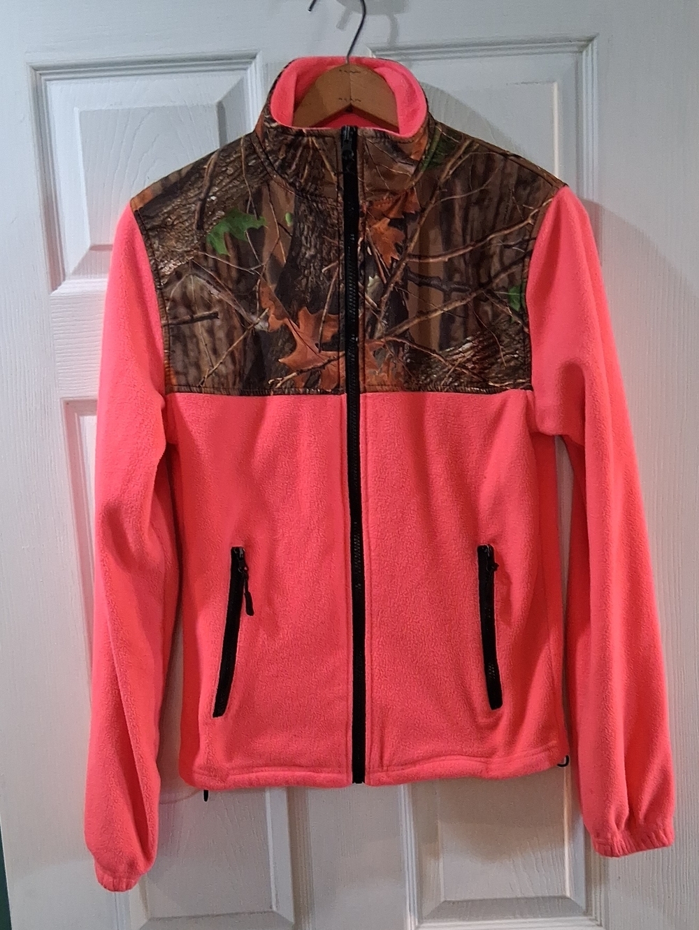 Neon Pink Fleece Puffer Jacket with Camo Yoke